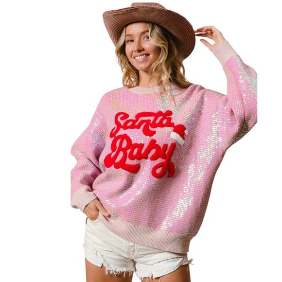 Bibi Women's Large Pink Red Christmas Sequin Long Sleeve Crew Neck Sweater Top - Picture 3 of 7